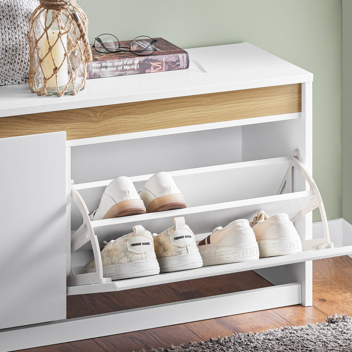 SoBuy Schoenenkast met Zitbank – Wit – 104x30x47 cm – 2 Klapladen – Modern Design