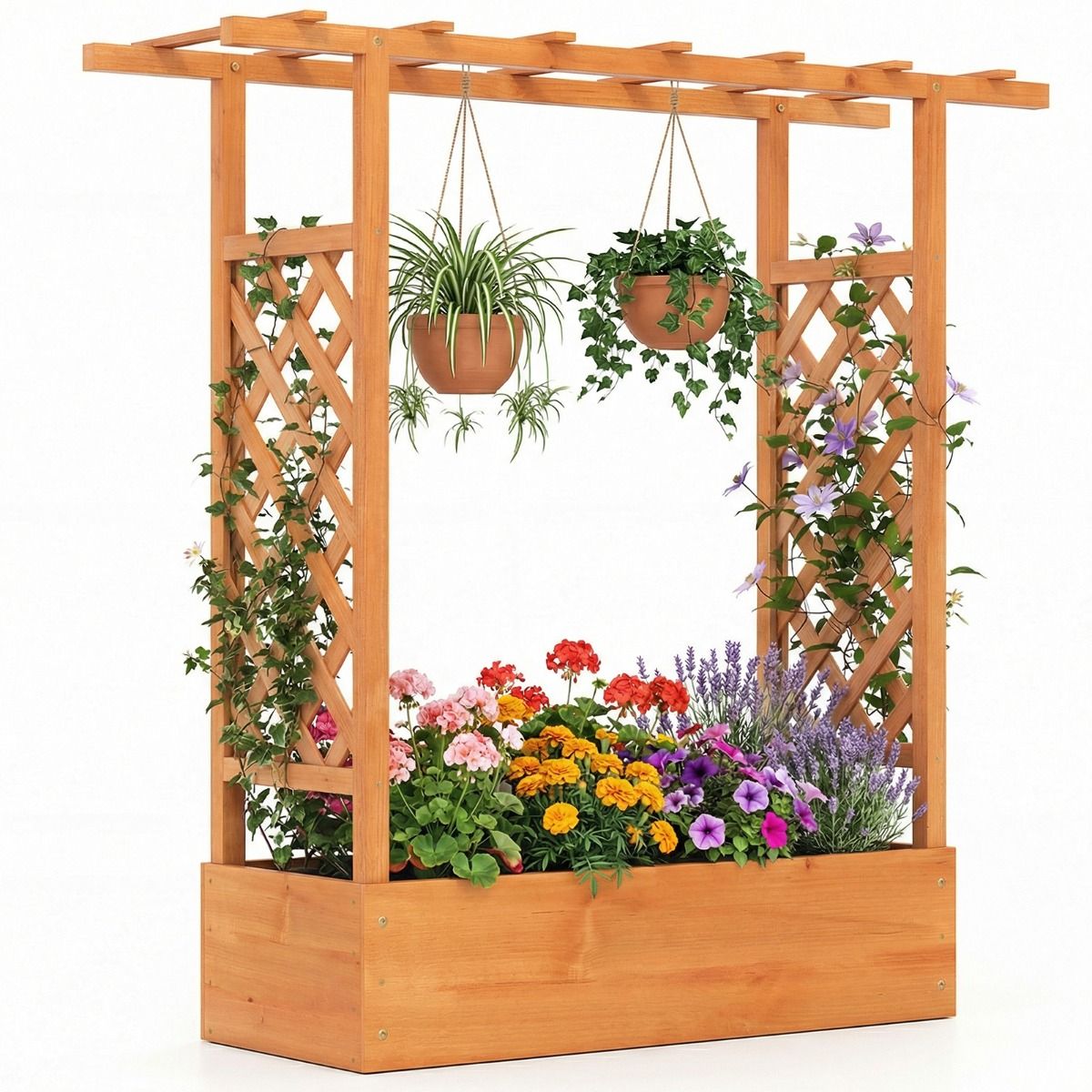 Coast Verhoogde Houten Plantenbak - Latwerk en Hangend Dak - Afwateringsgaten - Naturel/Oranje - 110 x 35 x 114 cm