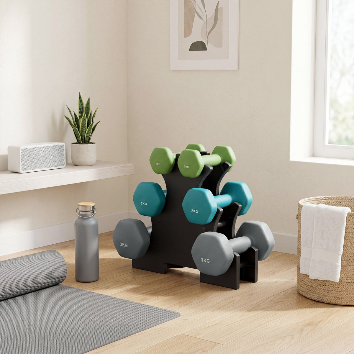 JOYFURNOS limoengroen - blauwgroen en lichtgrijs set zeskantige dumbbells - inclusief standaard