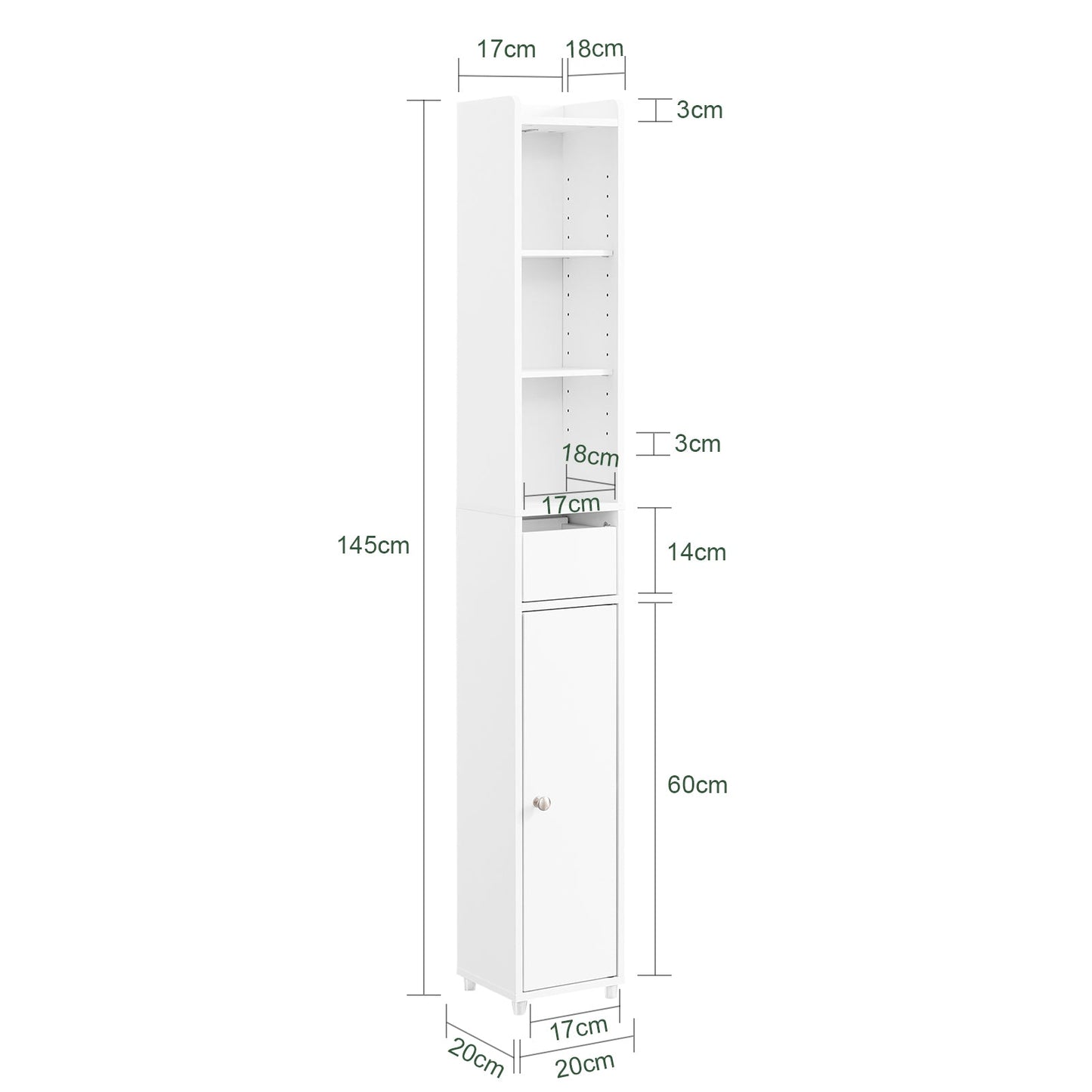SoBuy BZR34-K-W Smalle Badkamerkast met Lade en Deur – Wit – 20 x 20 x 145 cm