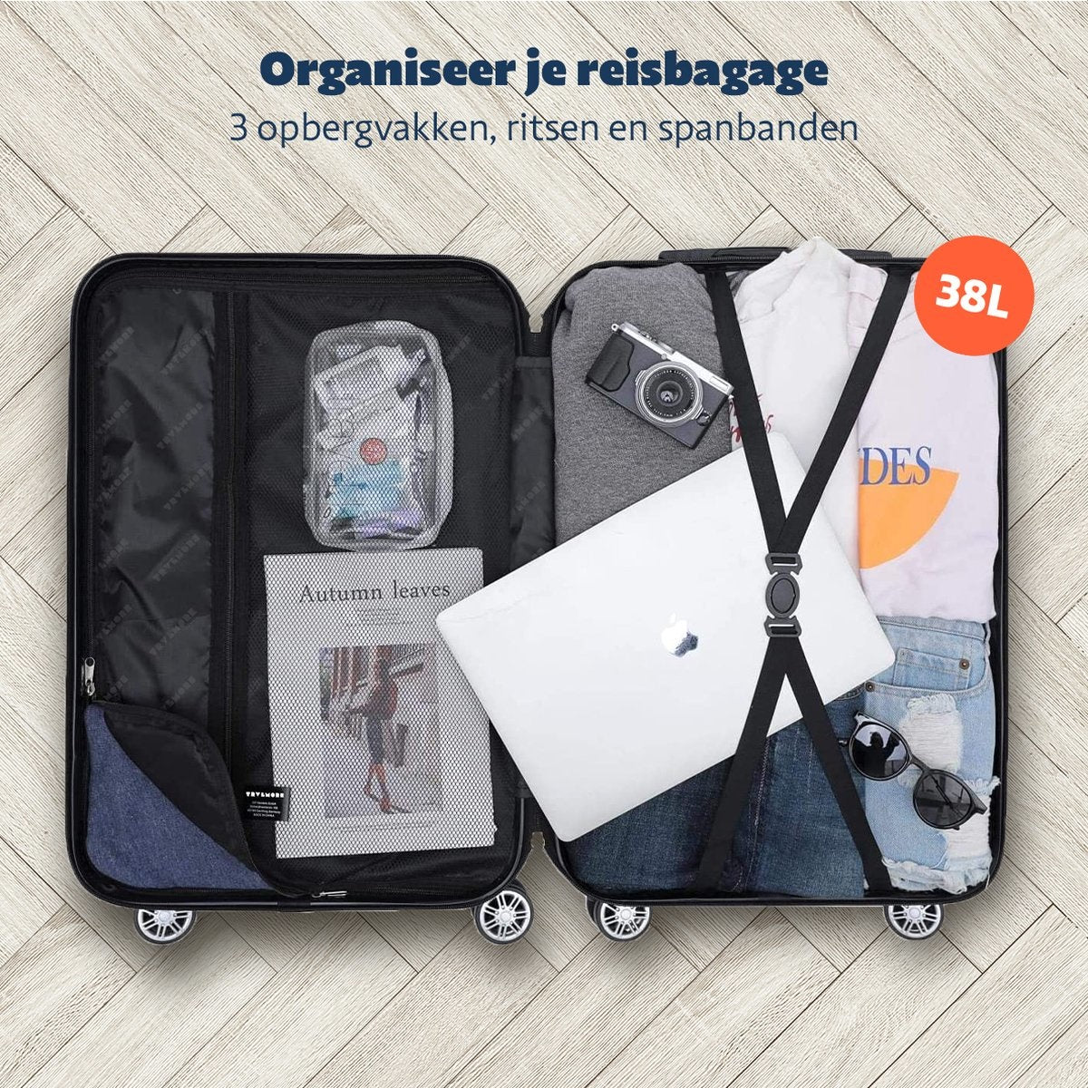 TRVLMORE Handbagage Koffer – 54x36x20 cm – 38L – Lichtgewicht & Sterk – Zwart – Geschikt voor Vliegtuigcabine