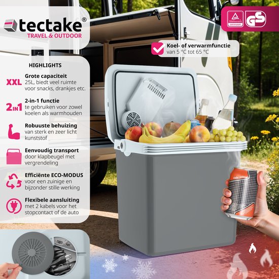 tectake® - Elektrische koelbox met 25 l - Koel- en warmhoudfunctie - Stille elektrische koeltas - Voor auto of stopcontact - Mini-koelkast voor camping, dranken - Thermobox met stroom - Eco Modus
