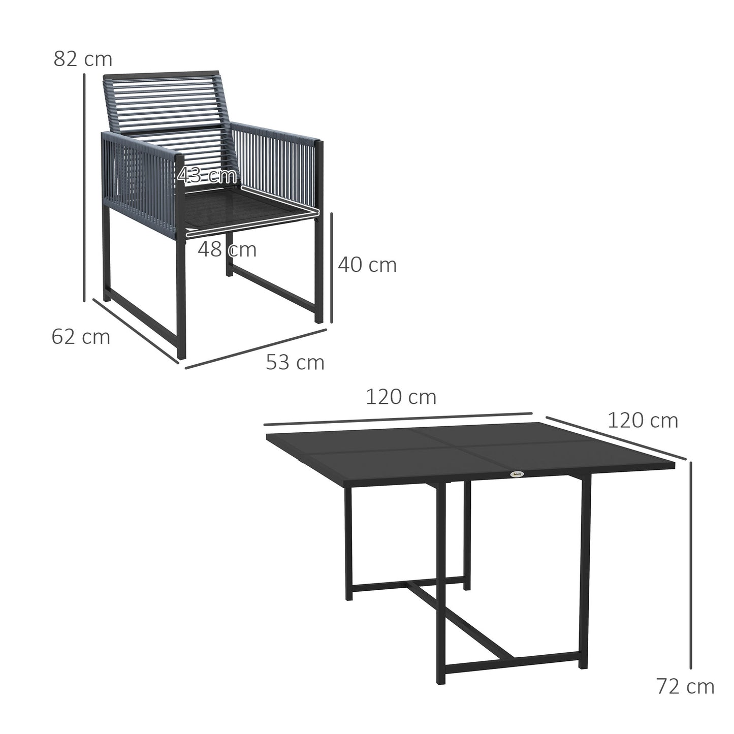 Outsunny 5-delige Tuinmeubelset voor 4 Personen - Tafel 120 x 120 x 72 cm - 4 Opvouwbare Stoelen - Gehard Glas - Donkergrijs