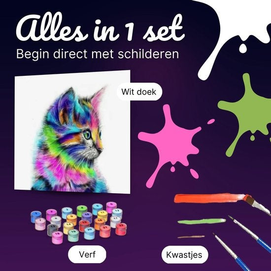 Rubye® Schilderen Op Nummer Volwassenen – Kleurrijke Kat – Inclusief Verf en Penselen – Canvas Schildersdoek – Kleuren op Nummer – 40x50cm