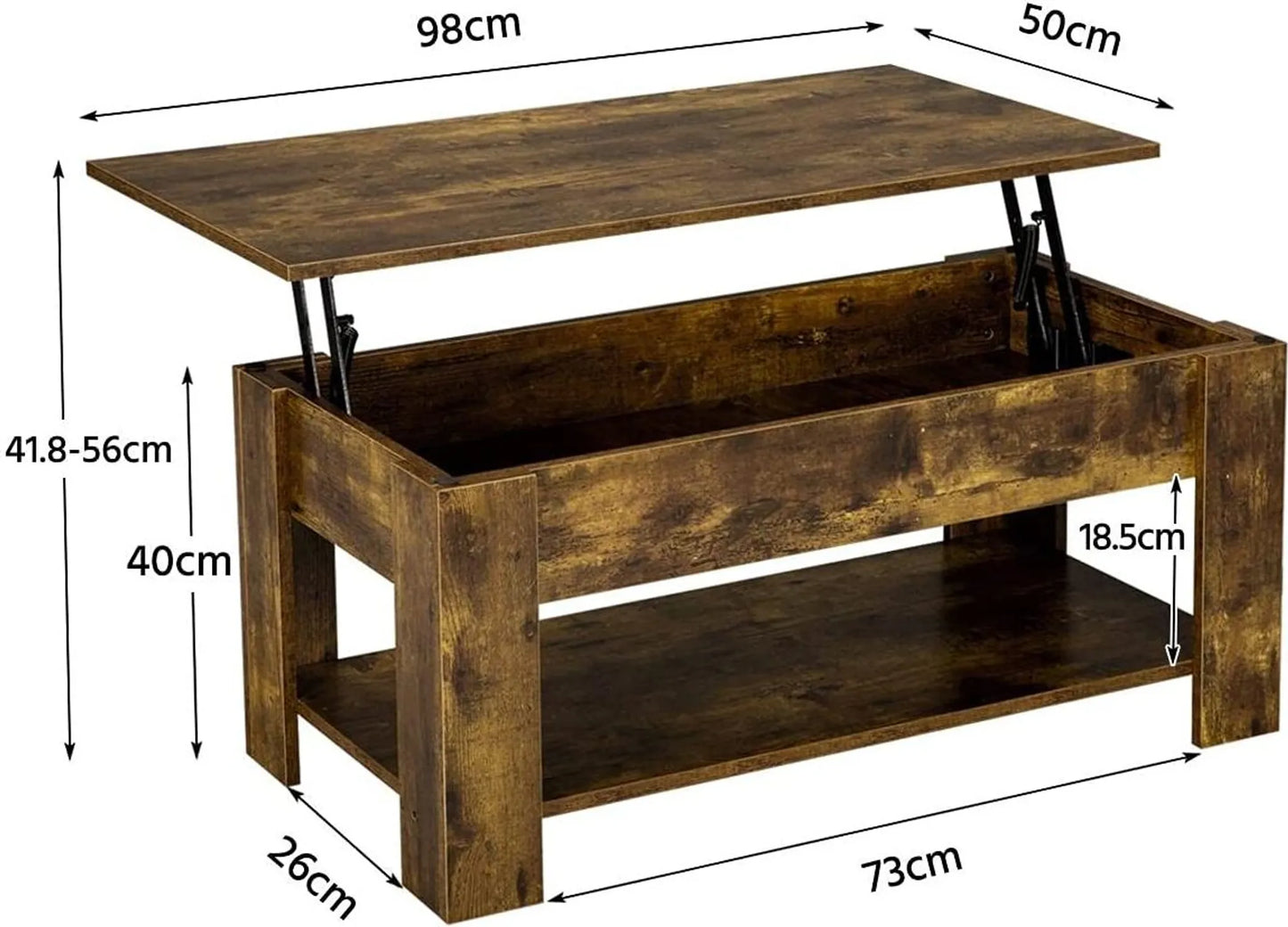 Yaheetech Salontafel Met Lift-Top Functie – Voorzien Van Verborgen Opbergvak En Metalen Mechanisme En Onderste Plank – Voor Woonkamer En Kantoor – Vintage Bruin-zwart Mdf En Metaal – 98 x 50 x 41,8-55 cm