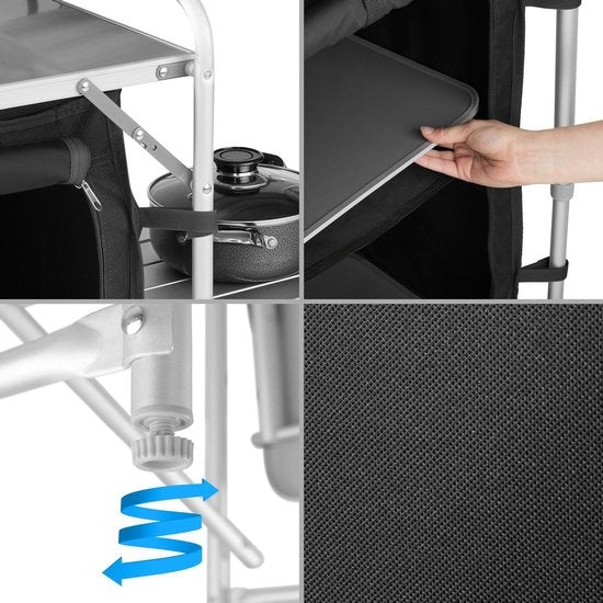 tectake® - Campingkeuken 172x52x104cm - Opvouwbaar - Afsluitbare compartimenten - Stevige werkbladen - Incl. windscherm- zwart