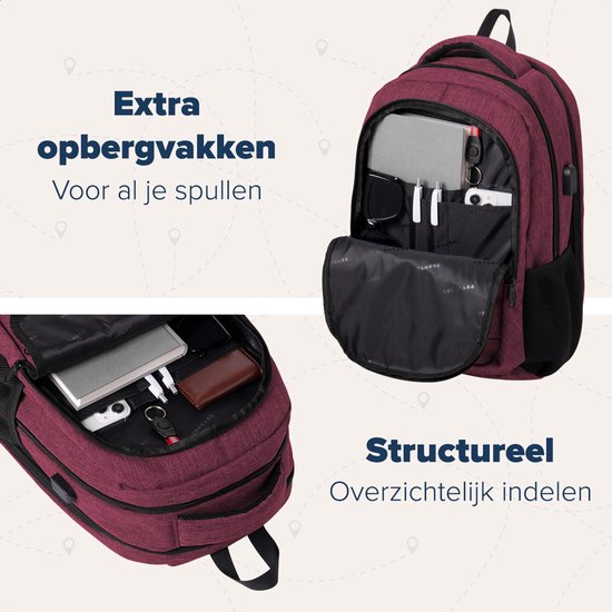 TRVLMORE Rugzak met Levenslange - Rugtas met 15,6 Inch Laptopvak - Schooltas - Spatwaterdicht - Heren en Dames - Jongens en Meisjes - 28L - Burgundy