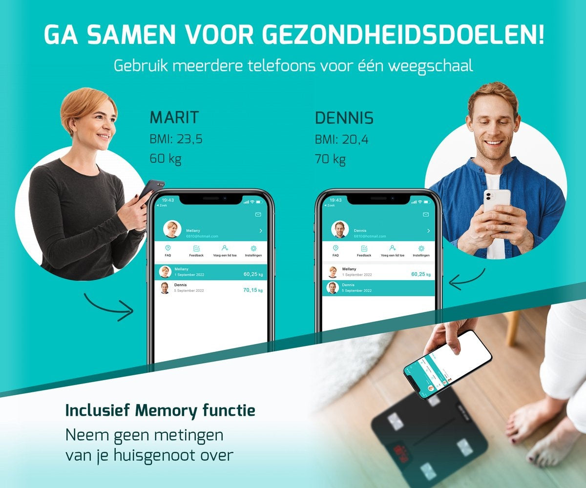 FITAGE Smart Weegschaal – App-tracking & bluetooth - 17 Lichaamswaarden – 180 kg capaciteit – 28 x 28 x 2,5 cm – Zwart