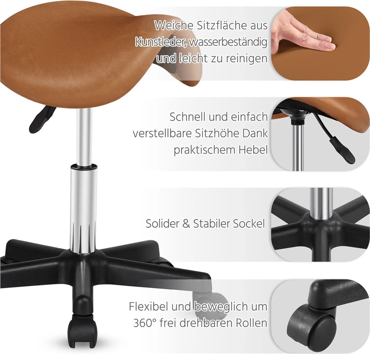 Yaheetech Zadelkruk Ergonomisch – Voorzien Van In Hoogte Verstelbare SGS-Gaslift En 360° Draaibare Nylon Wielen En Verchroomd Onderstel – Voor Kapsalon En Praktijk – Retro Bruin PU Kunstleer En Metaal – 50 x 50 x 45,5-60 cm
