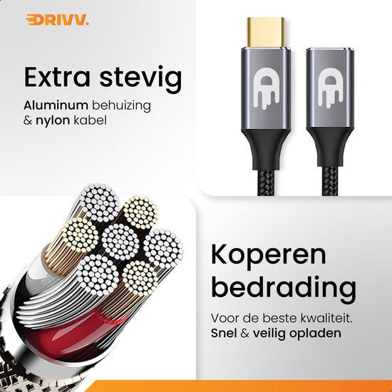 Drivv. USB C Verlengkabel 3.2 - Mannelijk naar Vrouwelijk - Fast Charge / Snellader - USB C Data en Oplaadkabel - 3 meter - Geschikt voor Samsung, iPhone 15 & Meer - Grijs