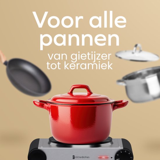 KitchenBrothers Elektrische Kookplaat - 1 Pits - Vrijstaand - 7 temperatuurstanden - 1500W - RVS/Zwart