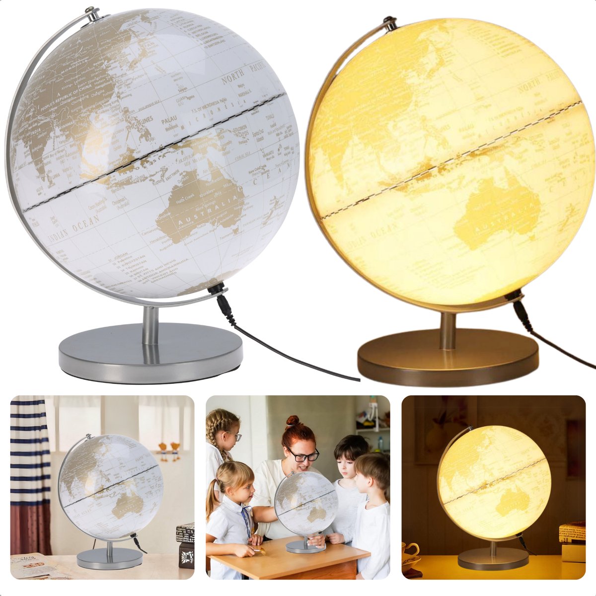 Cheqo® Wereldbol Lamp 31 cm – LED Globe met Verlichting – Wit Goud – Decoratieve USB Wereldbollamp