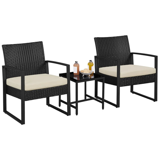 Yaheetech Tuinmeubelset 3-delig - Zwart/Beige - Polyrattan Balkonset met Bijzettafel en Glazen Tafelblad