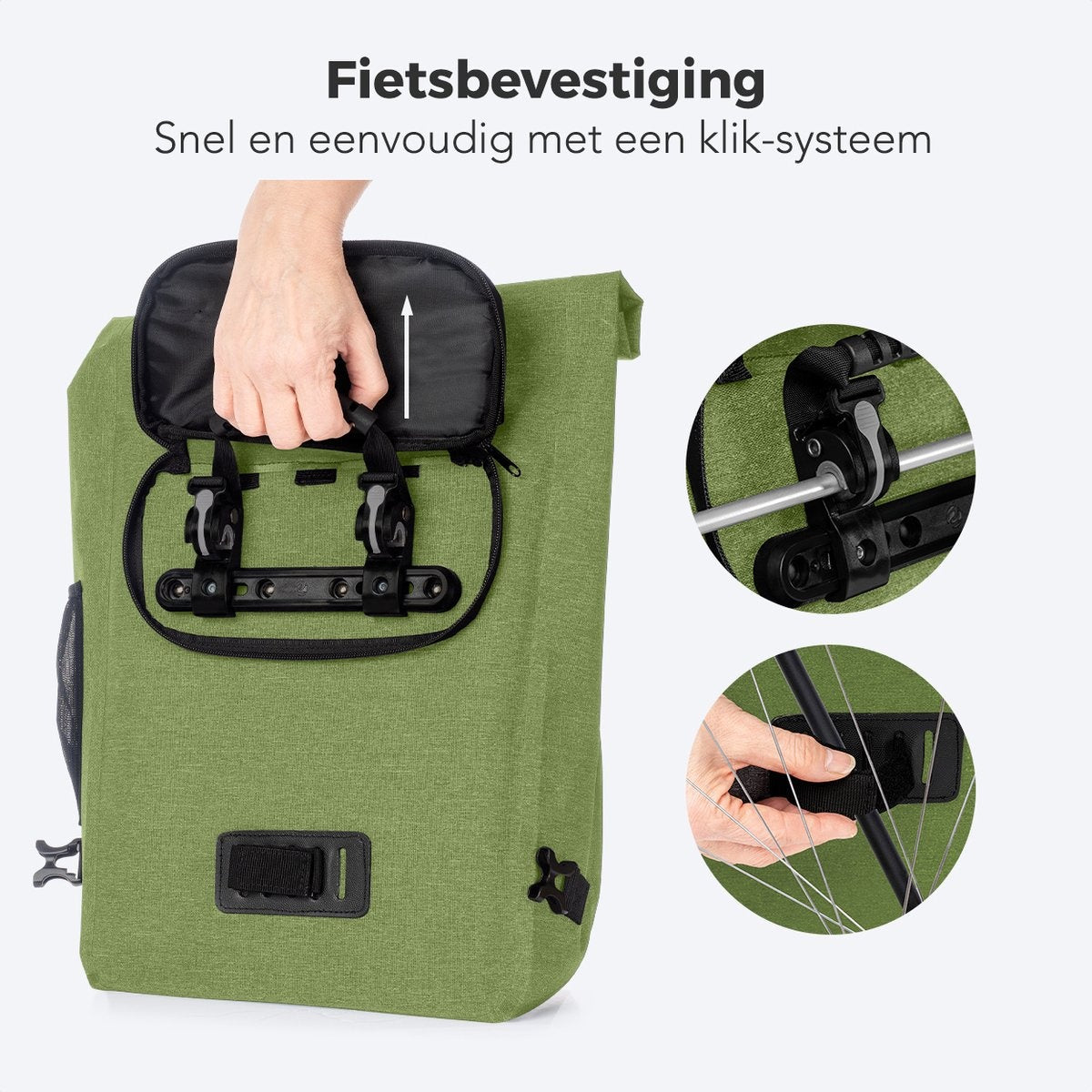 LifeGoods Enkele Fietstas - Compact - Schoudertas en Rugtas - 25L - Ronde Bagagedragers - Waterdicht - Olijfgroen