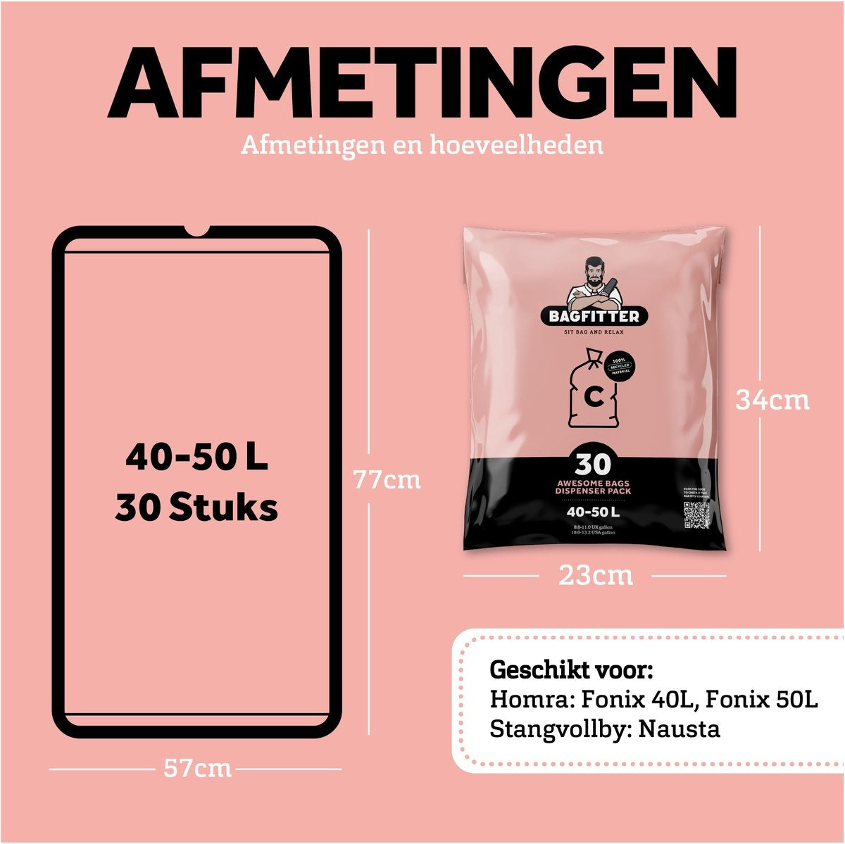 BagFitter Roze C 40L tot 50L Vuilniszak met Trekband van 100% Gerecycled Plastic - 77cm x 57cm - 30 stuks - 40-50 Liter - Vuilniszakken - Afvalzakken - Prullenbakzakken geschikt voor o.a. Homra Fonix en StangVollby Nausta