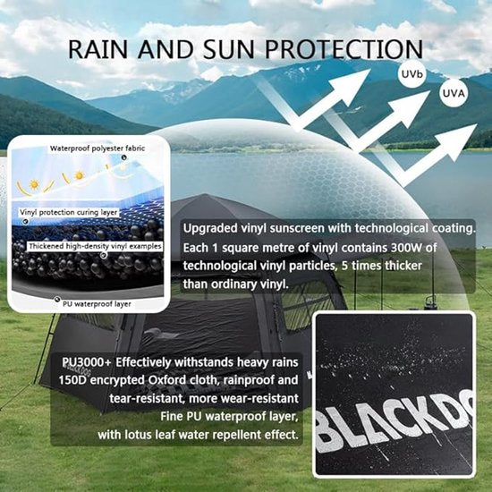 Black Dog Dome Tent - Hoogwaardige kampeertent voor 6-8 personen - Hexagonaal automatisch - Draagbare familietent - Opvouwbaar vinyl - Bescherming tegen zon en regen - Zwart