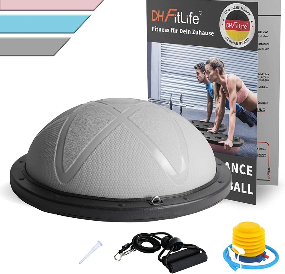 DH FitLife Balansbal – Yoga Balanstrainer Ø60 cm, Halve Gymbal met Weerstandsbanden & Pomp, Belastbaar tot 200 kg – Evenwichtsboard Fitness – Grijs