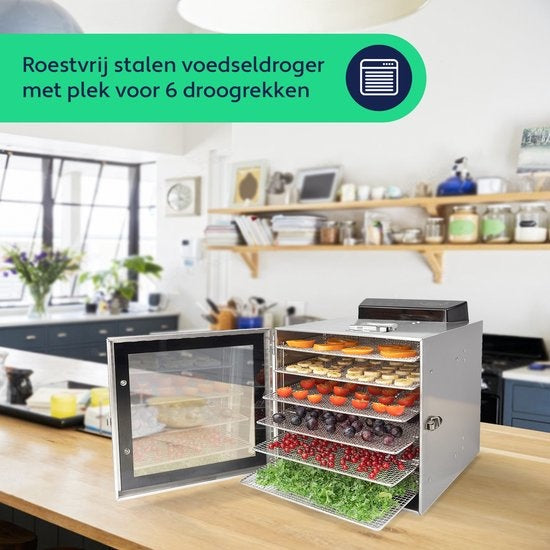 Vita5 Nobel S Voedseldroger – Droogoven - RVS – 24-Uurs Timer - 30-90°C – 400 Watt – Led-bedieningspaneel – Dehydrator – 6 Laags - Voedsel drogen op extreem lage temperatuur van slechts 30°C