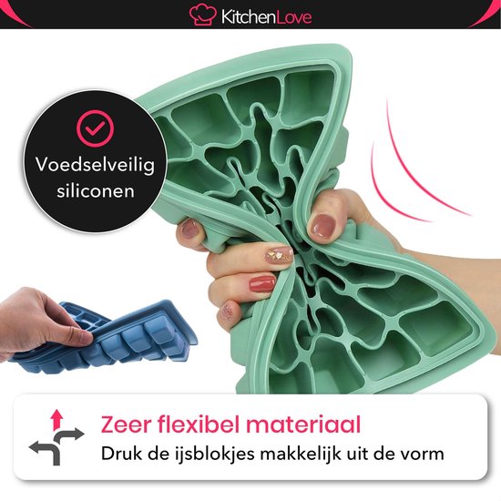 KitchenLove Siliconen IJsblokjesvorm met Deksel (2 Stuks) - 56 ijsblokjes - Vierkant - BPA Vrij - 100% Silicone - Groen & Blauw