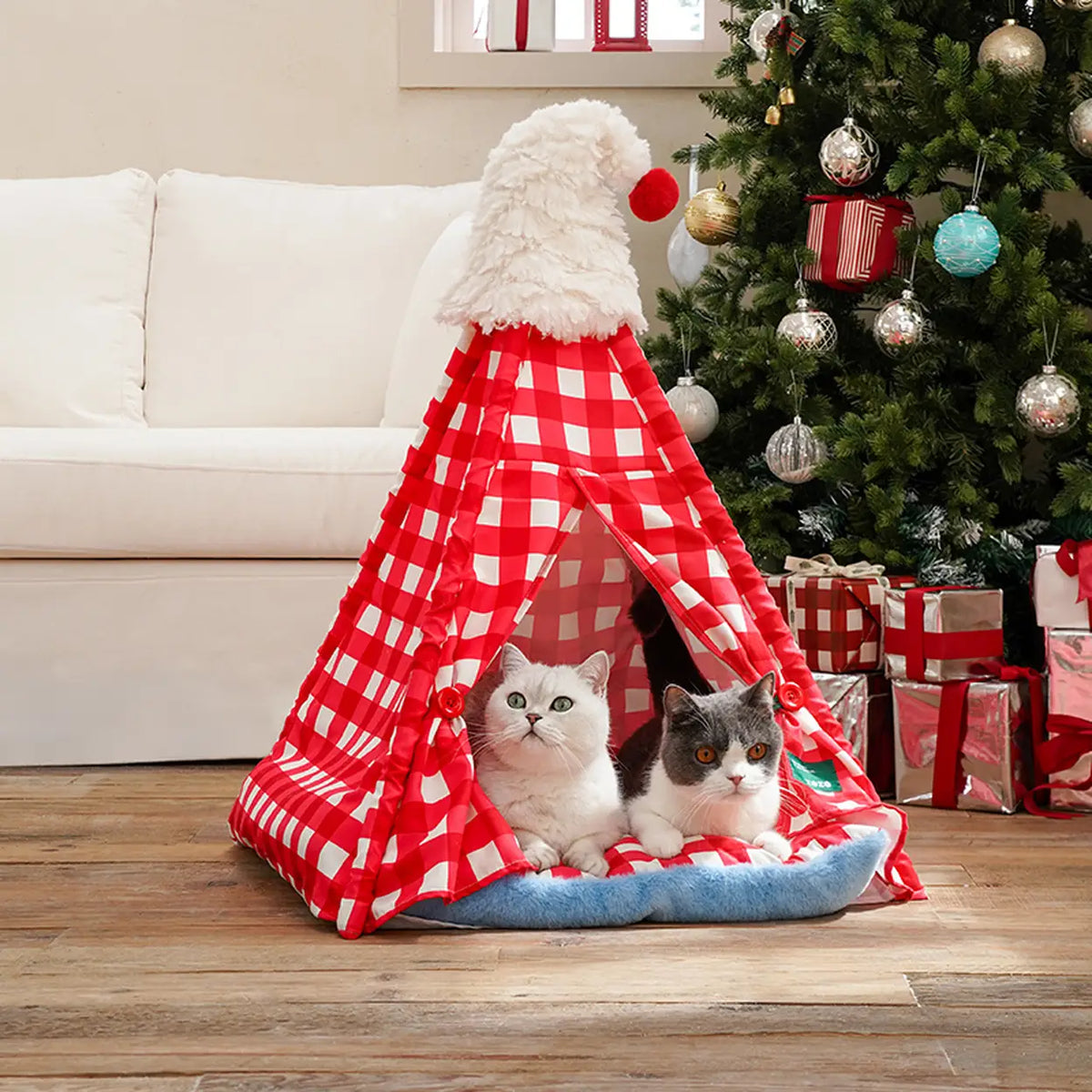 zeze huisdierentent met kerstmuts - rood-wit geruit - 60 × 60 × 78 cm