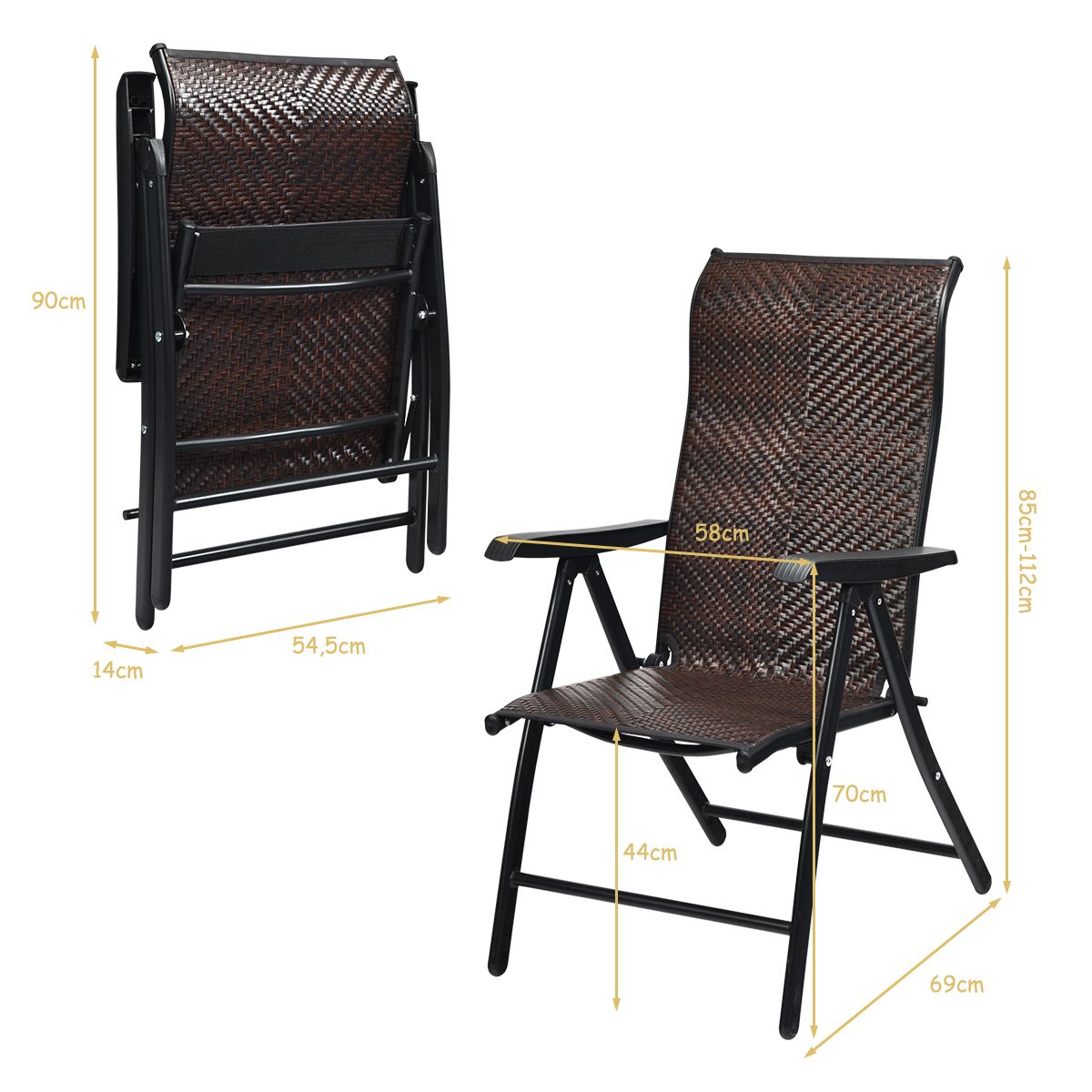 Coast Rotan Klapstoelen Set van 2 - Verstelbare Rugleuning - Opvouwbaar en Draagbaar - Bruin