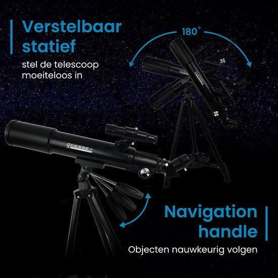 ODESSEY Refractor Telescoop – Max. Vergroting 250x – Incl. Statief & Filters – 55-125 x 7 x 70 cm – Zwart