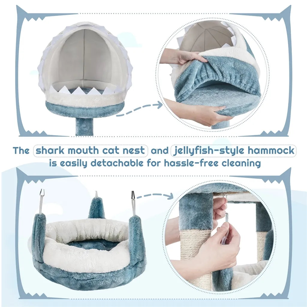 Yaheetech Kattenboom Ocean Style 115 cm – Blauw/Wit – Krabpaal met Kattenhuis, Ligmand, Plateau en Sisalpalen