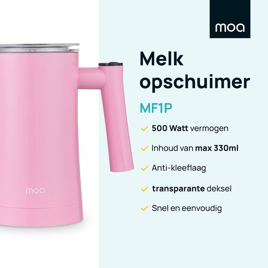 MOA Elektrische Melkopschuimer - 3-in-1 - Handige Melkschuimer - 330 ML - Voor Cappuccino - Melkklopper - Roze