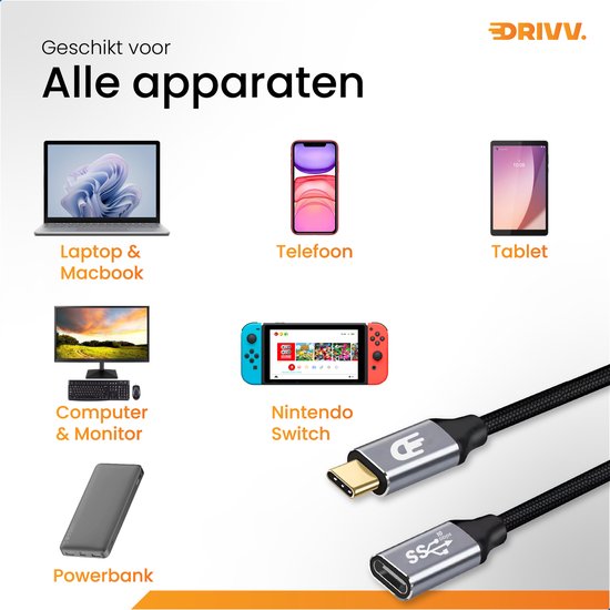 Drivv. USB C Verlengkabel 3.2 - Mannelijk naar Vrouwelijk - Fast Charge / Snellader - USB C Data en Oplaadkabel - 3 meter - Geschikt voor Samsung, iPhone 15 & Meer - Grijs