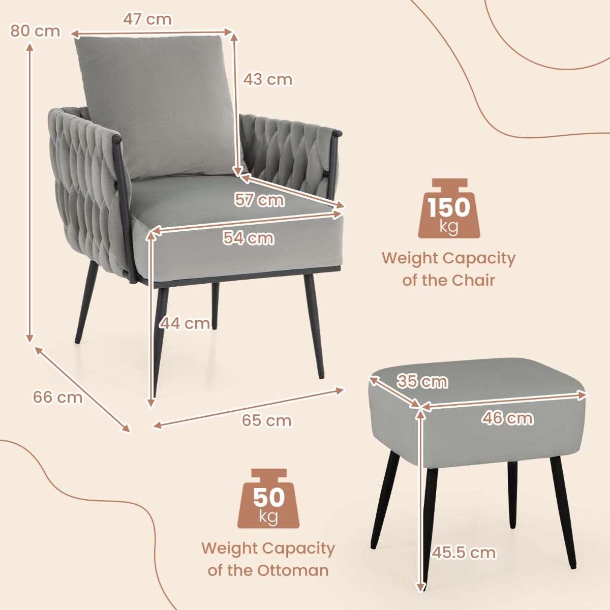 coast Moderne Nederlandse Fluwelen Bijzetstoel en Voetenbank Set – Grijs – 66x65x80 cm | 46x35x45,5 cm