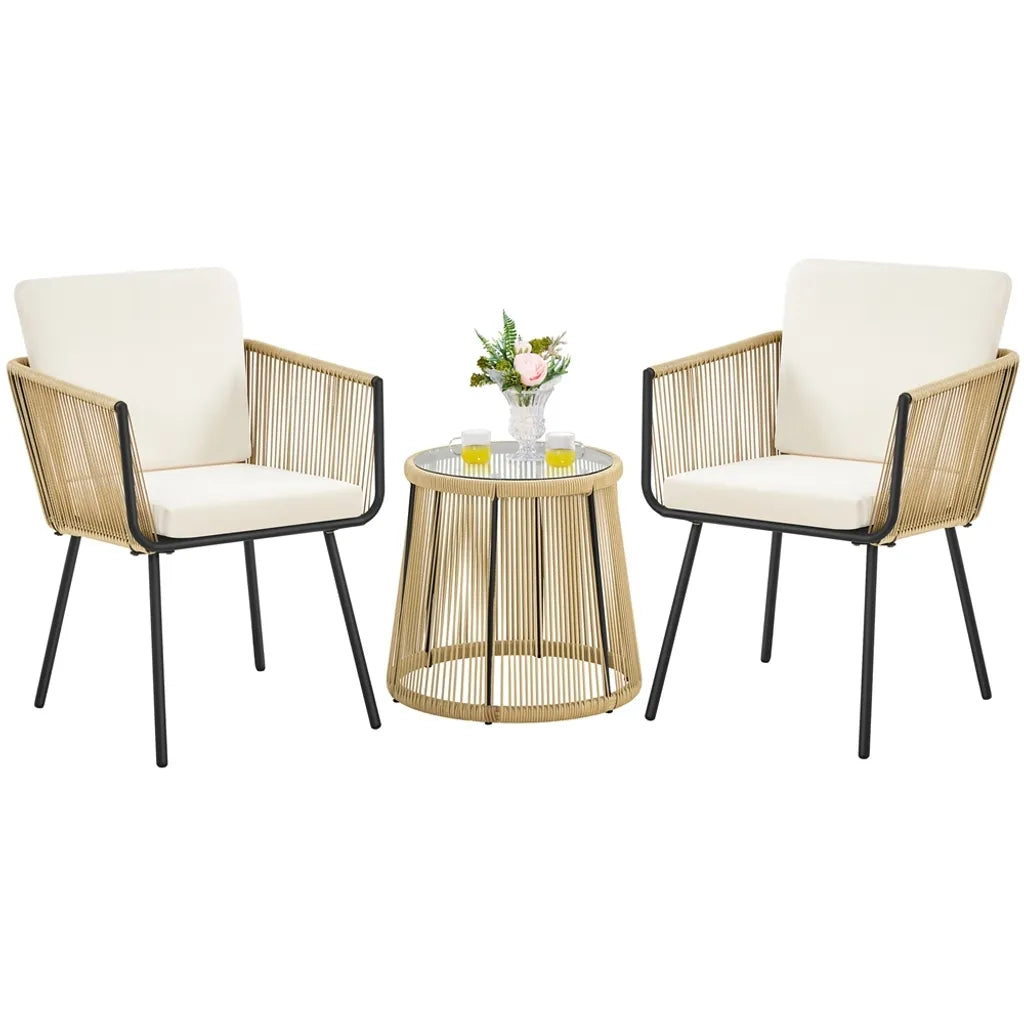 Yaheetech Tuinmeubelset 3-delig - Lichtbruin/Crèmewit - Polyrattan Balkonset met Ronde Bijzettafel en Zit- & Rugkussens