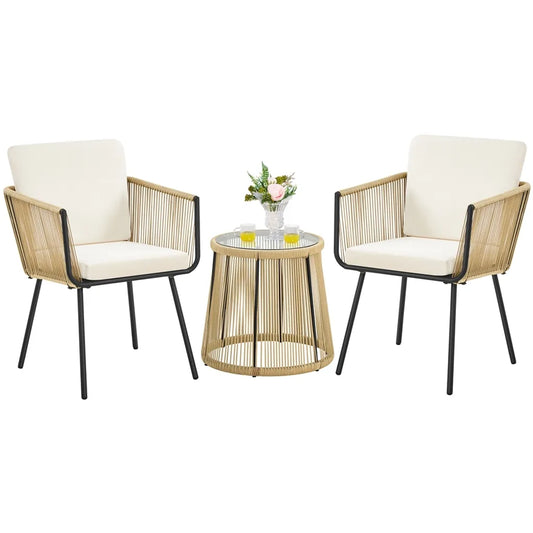 Yaheetech Tuinmeubelset 3-delig - Lichtbruin/Crèmewit - Polyrattan Balkonset met Ronde Bijzettafel en Zit- & Rugkussens