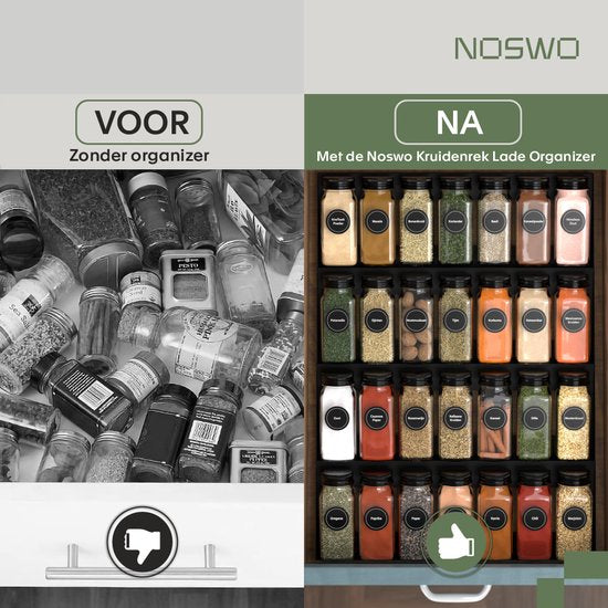 Noswo Kruidenrek Lade - Met 28 Potjes - Complete Set - Vierkant - Strooideksel en Labels - Kruiden Organizer - Keukenlade Organiser - Zwart