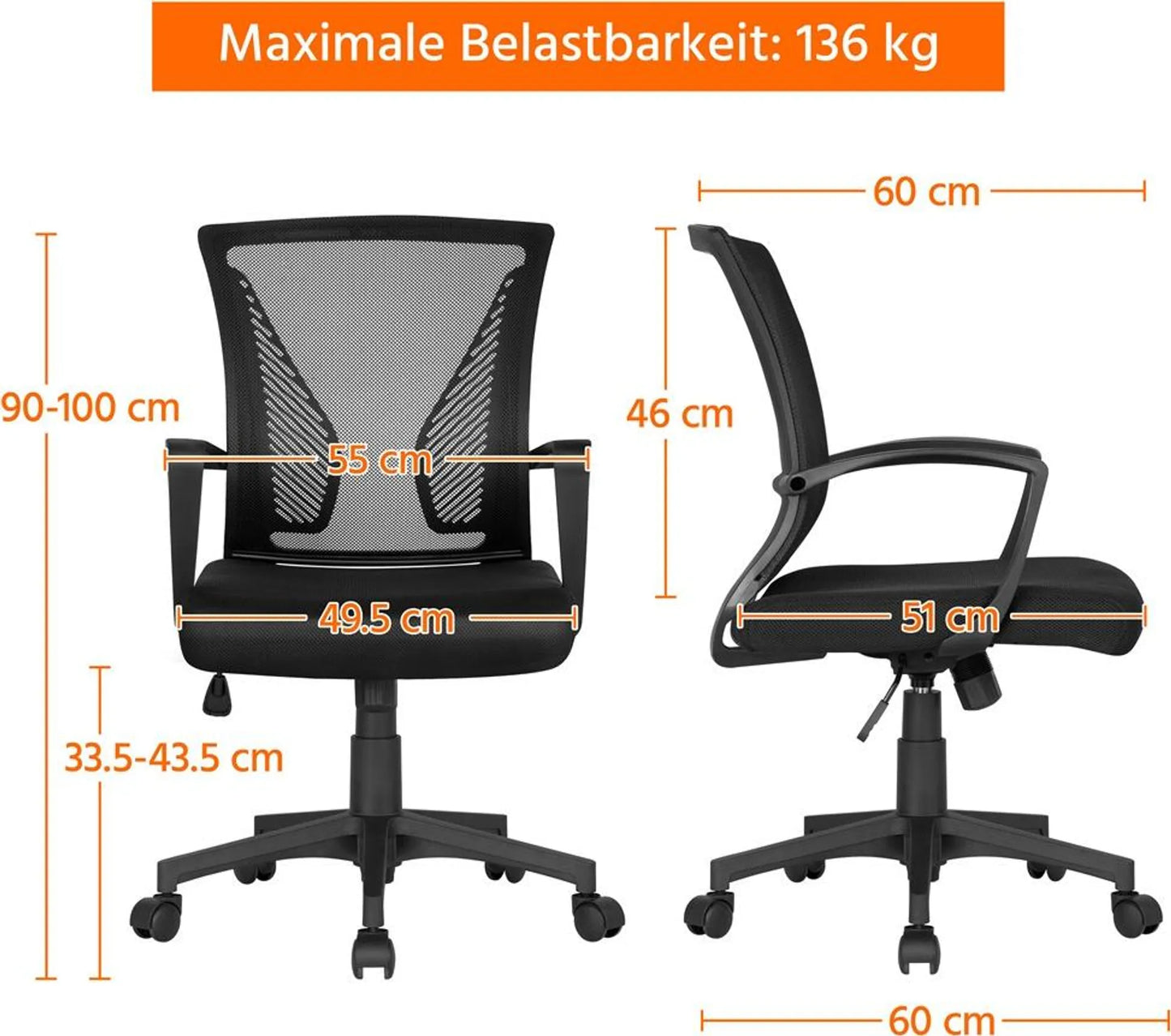 Yaheetech Bureaustoel Ergonomisch – Voorzien Van Ademende Meshstof En Schommelfunctie En Verstelbare Zithoogte – Voor Kantoor En Studeerkamer – Zwart Nylon En Metaal – 60 x 60 x 91-100,5 cm