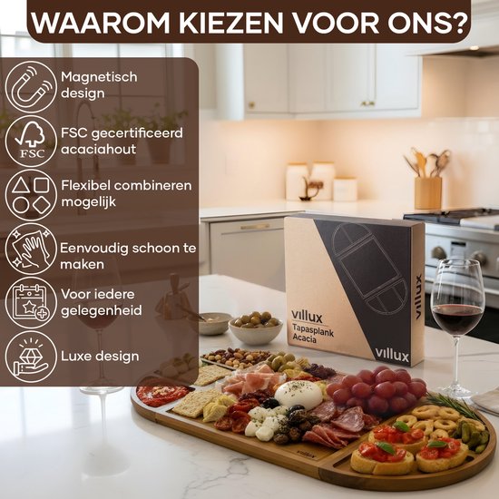 Villux Tapasplank - Borrelplank - Serveerplank - Kaasplank - Hapjesplank - Taspasplank Acacia - Borrelplank Magnetisch- Inclusief Ebook - 66CM