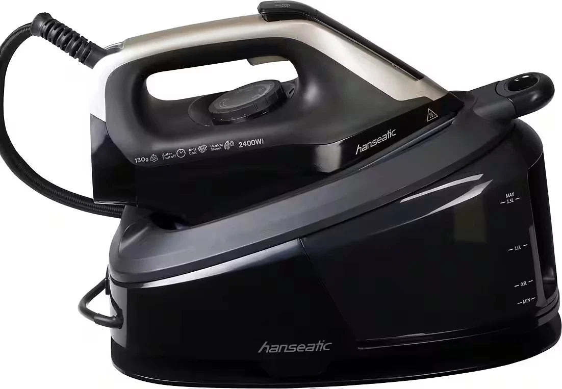 Hanseatic – Stoomstrijkstation met Stoomborstel – 2400 Watt & Steam Shot – Voor Kleding & Textiel – Inclusief Verticaal Strijken – Zwart Kunststof & Metaal