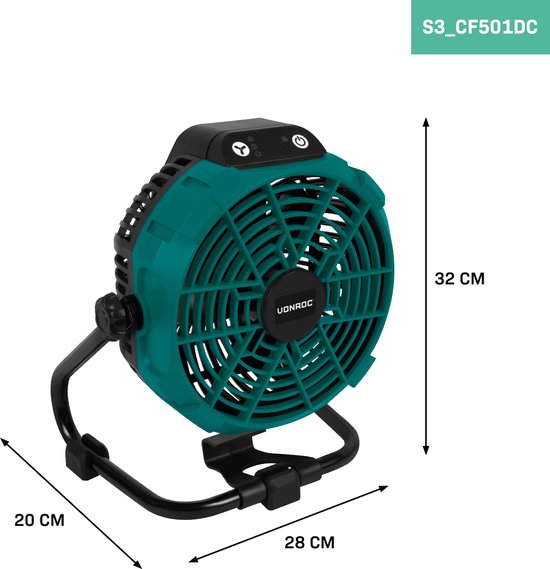 VONROC Ventilator 20V - voor draadloos en bedraad gebruik - Incl. netstroom adapter - Incl. 20V – 4.0Ah accu en snellader