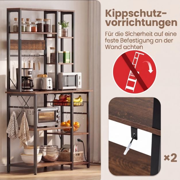 Coast 6-laags Keukenrek met Stopcontact - Magnetronrek met Uittrekbare Draadmand, 12 Haken en USB, 99 × 40 × 170 cm - Rustiek Bruin/Zwart