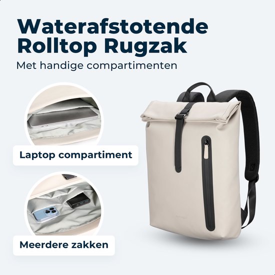 Pathsail Rolltop Rugzak - 13.5L - 15.6 inches - Beige - Waterafstotend - Metalen Gesp - Laptop Compartiment