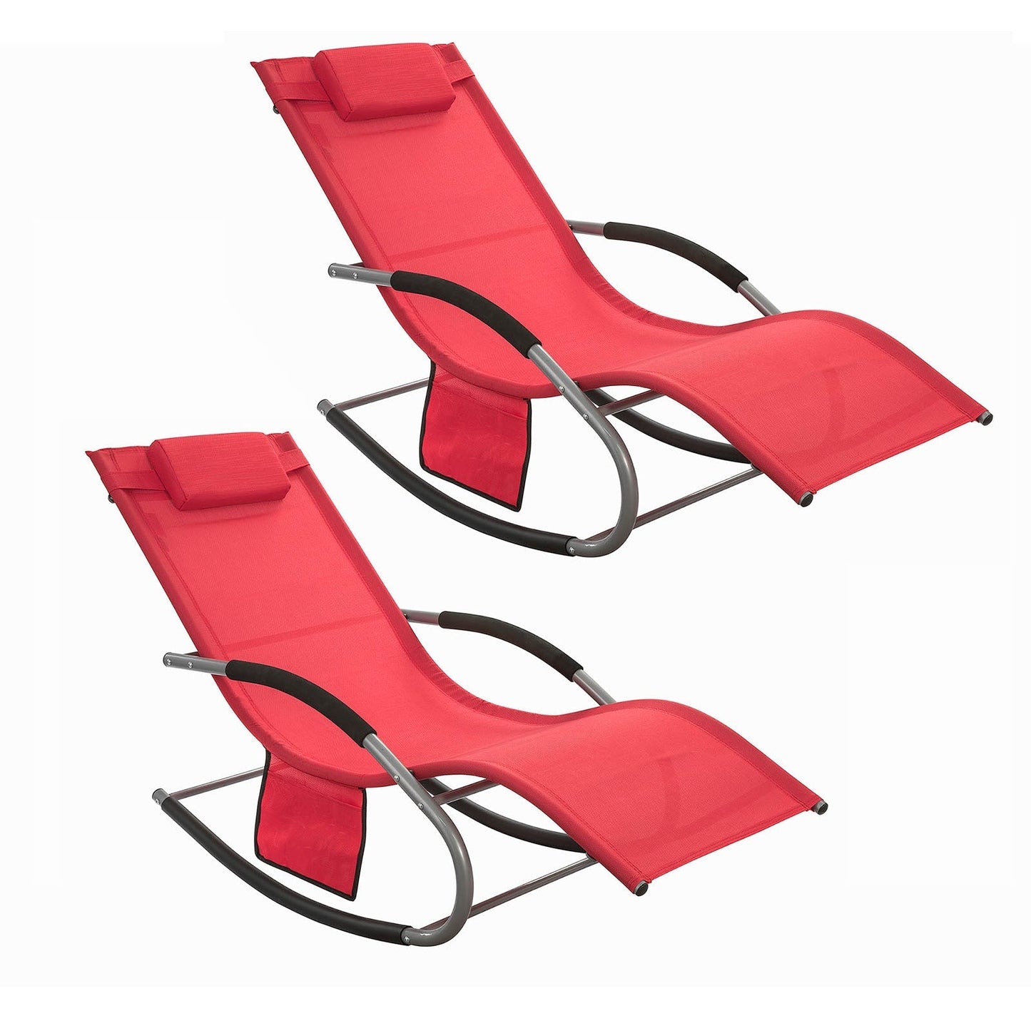 SoBuy OGS28-Rx2 Ligstoelen Set van 2 – Rood – 143x57x85 cm – Ergonomische Schommelstoelen met Hoofdsteun en Zijvak