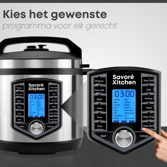 Savoré Kitchen Pressure Cooker – 6L – PFAS Vrij – Snelkookpan, Rijstkoker, Slowcooker, Stomer & Sous-vide in één – Multicooker