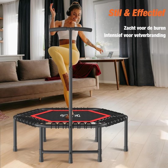 DH FitLife Fitness Indoor Trampoline | Ø114cm 45 inch Mini Trampoline voor Cross Jumping | Draagvermogen 150 KG | Met 3 verstelbare handgreepstanden | Stabie