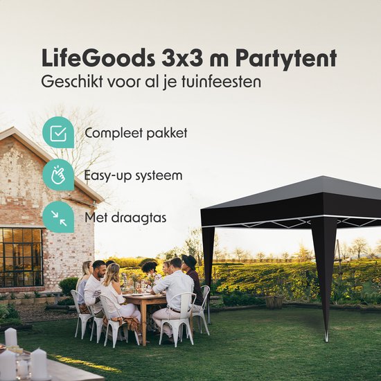 LifeGoods Partytent - Paviljoen - Easy Up - Opvouwbaar - Waterdicht - Met Draagtas - 300 x 300 cm – Zwart