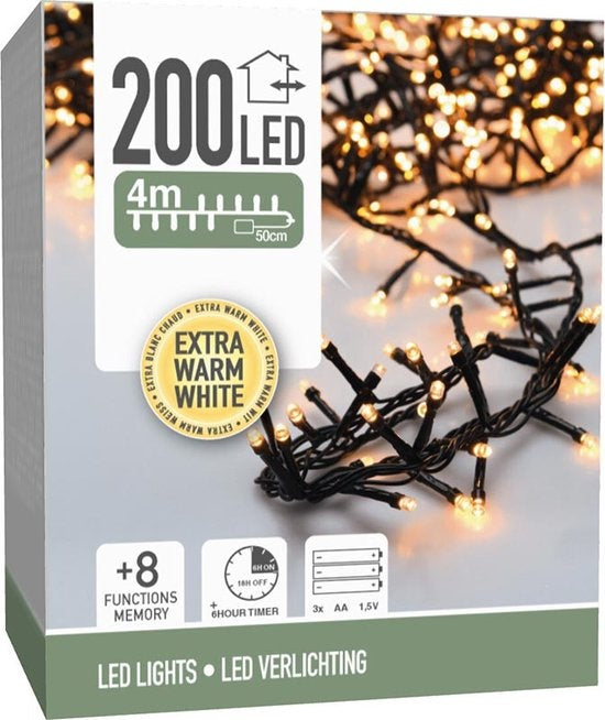 Micro Cluster 200 led - 4m - extra warm wit - Batterij - Lichtfuncties - Geheugen - Timer