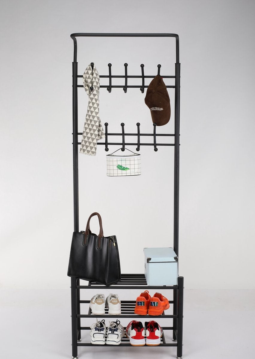 O'DADDY® kapstok staand – kapstokken - kapstok met schoenenrek – kapstok zwart - garderoberek - garderoberek met kapstok - garderoberek met schoenenrek- garderoberek metaal - 66 x 30 x 190 cm - zwart