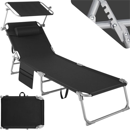 tectake® - ligbed Zonnestoel ligstoel - 4 standen, inklapbaar – zwart - 68 x 190 x 28 cm, met zijvak