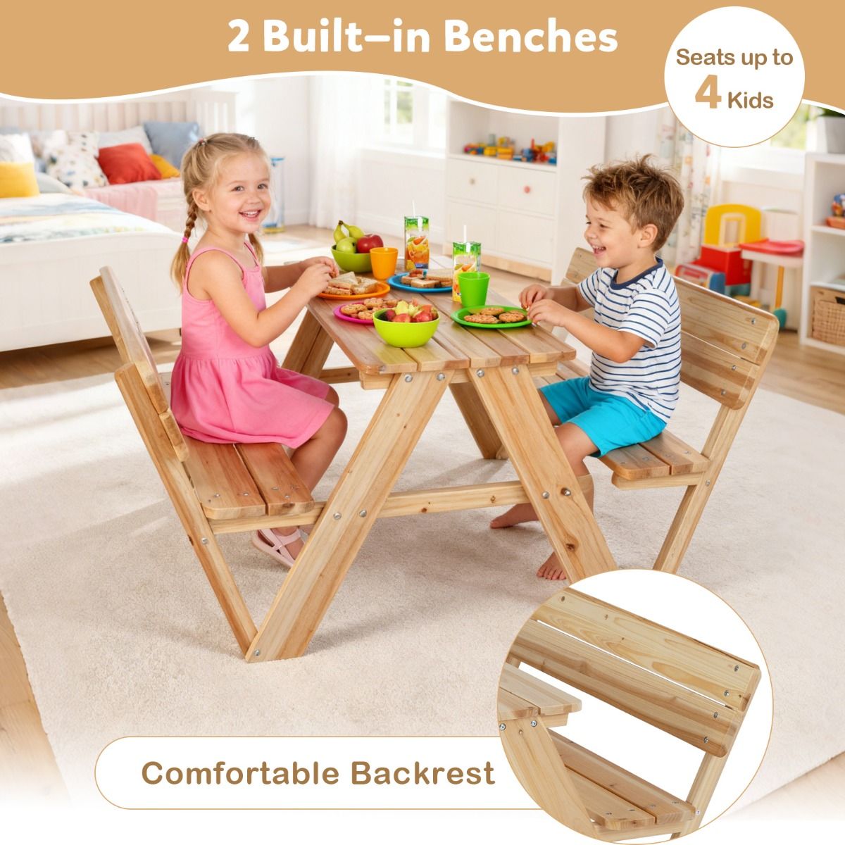 Coast Kinderpicknicktafel - houten peutertafel en bankenset - met rugleuning - naturel