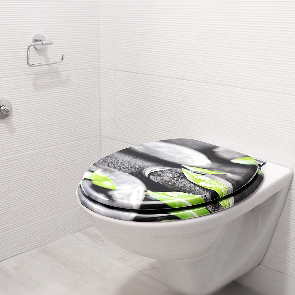 Casaria Wc-bril met Deksel Sluitingsmechanisme Toiletzitting MDF Steen Bladeren