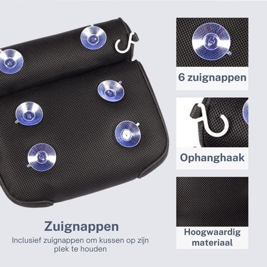 Earkings Badkussen met 6 Zuignappen en Ophanghaak - Bad Kussen voor in Bad - Bad Accessoires Nekkussen Bad - Hoofdsteun Bad Zwart