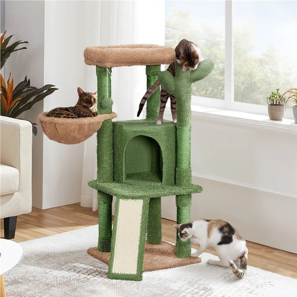 Yaheetech Kaktus Krabpaal XS 42,5 x 42,5 x 106,5 cm - Groen/Bruin - Kattenboom met Kattenhuis, Hangmand en Sisalpalen